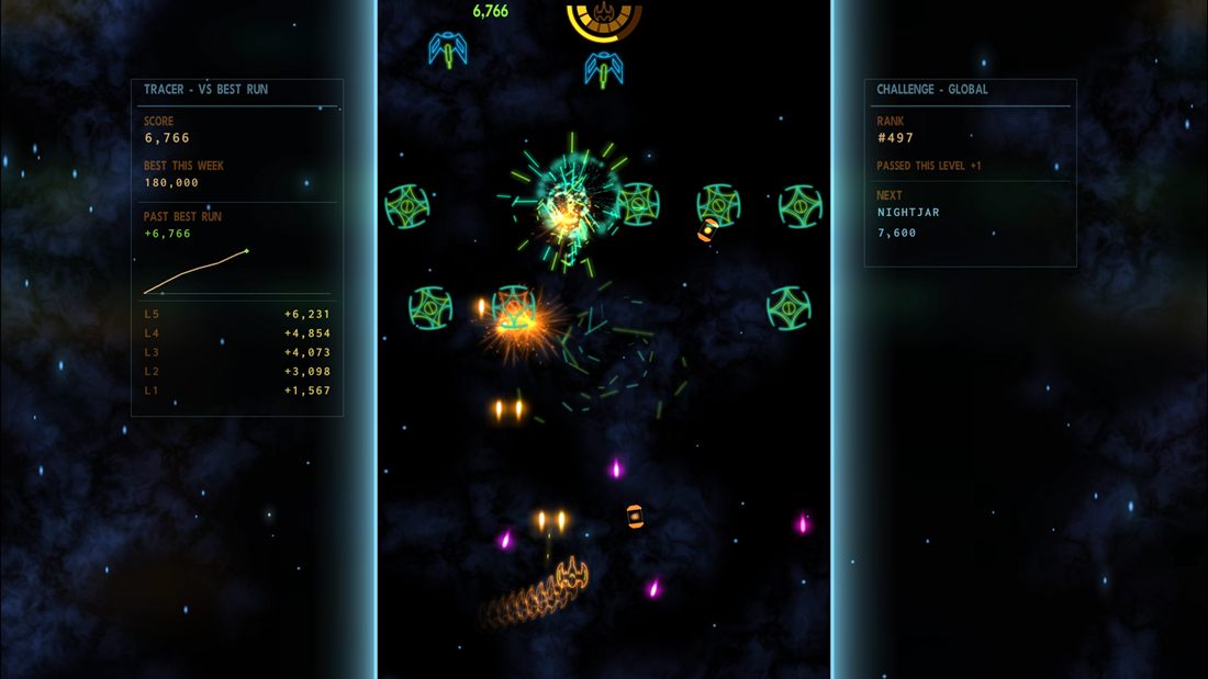 Weaving through a turret ring as an explosion pops, score tracer and rank panels lit in the margins