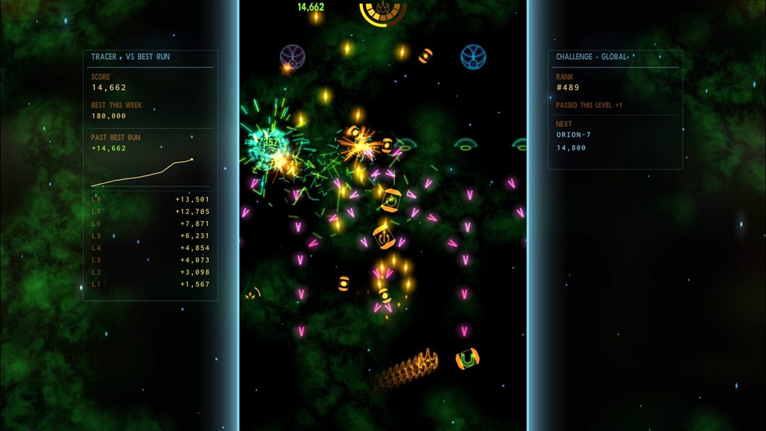 Dense crossfire with power-ups tumbling loose