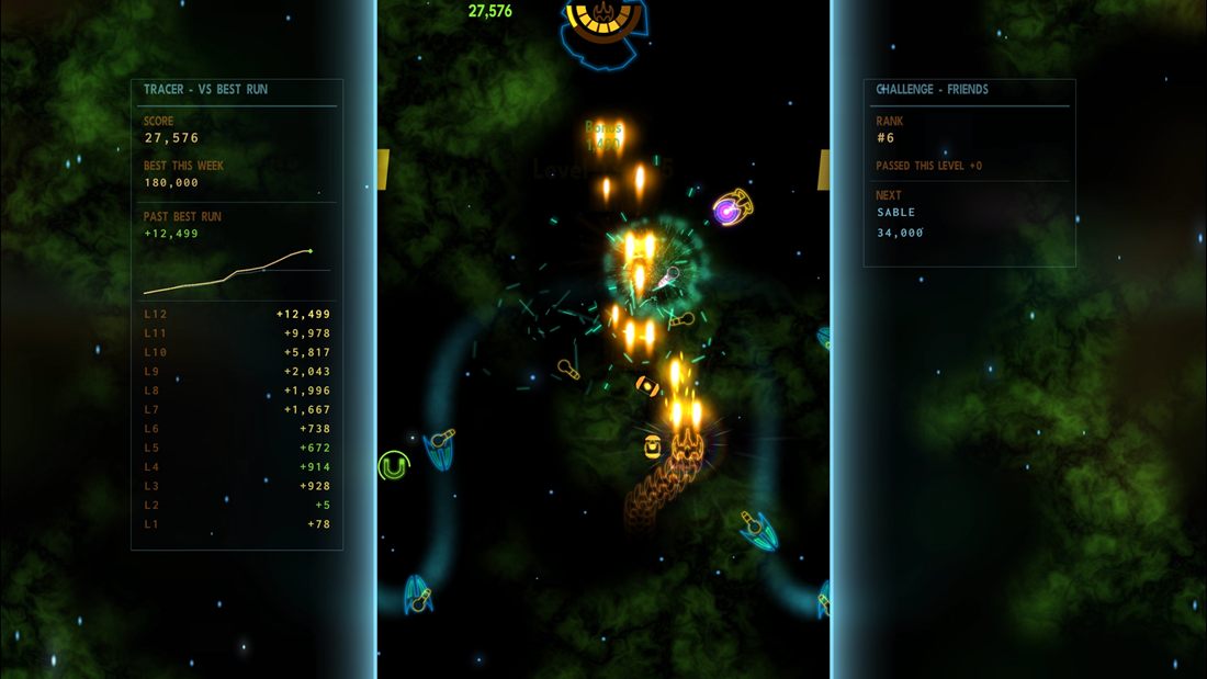 Cashing in a level bonus in a green nebula with a snake crossing below