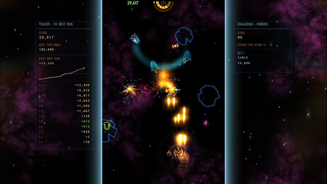 Blasting apart an enemy among neon asteroids in a purple nebula