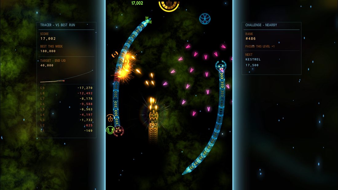 Twin snakes arcing around the ship in a pink bullet field