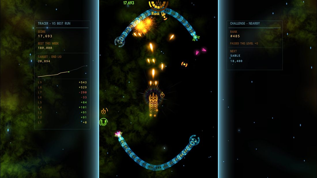 Ranking up as snakes circle wide through open space, power-ups drifting in